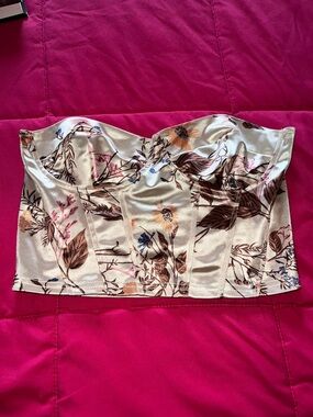 Floral Satin Corset Crop Top in Ivory and Brown